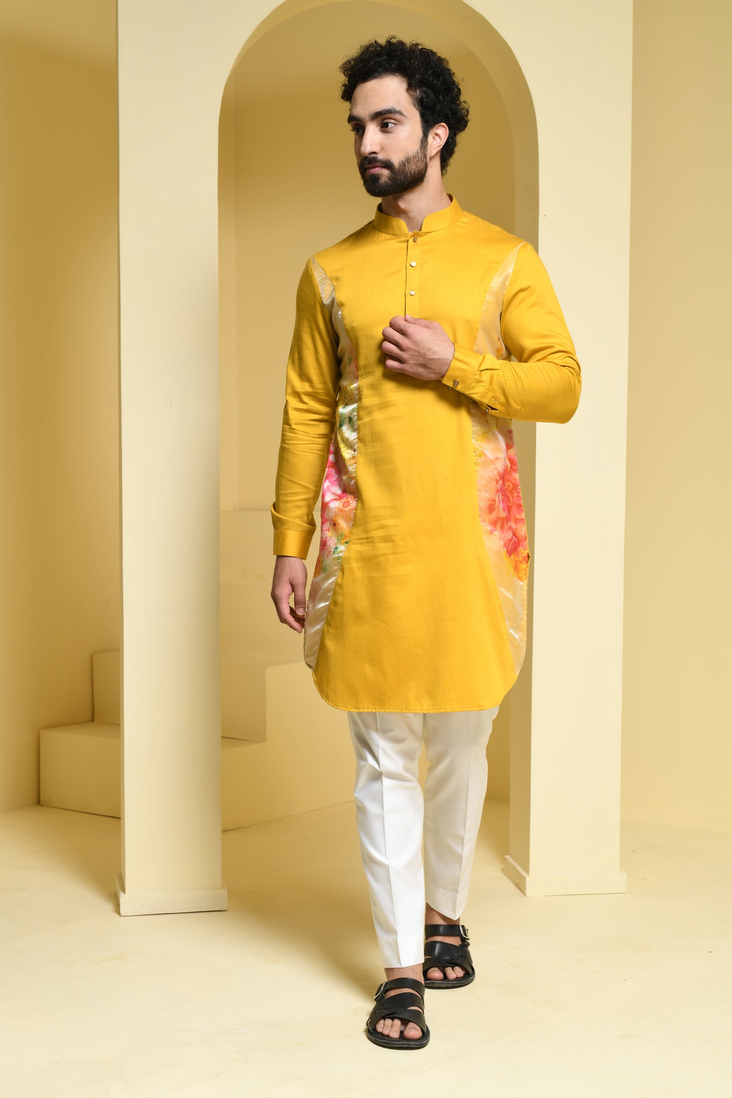 Mustard Yellow Floral Printed Cotton Kurta Set