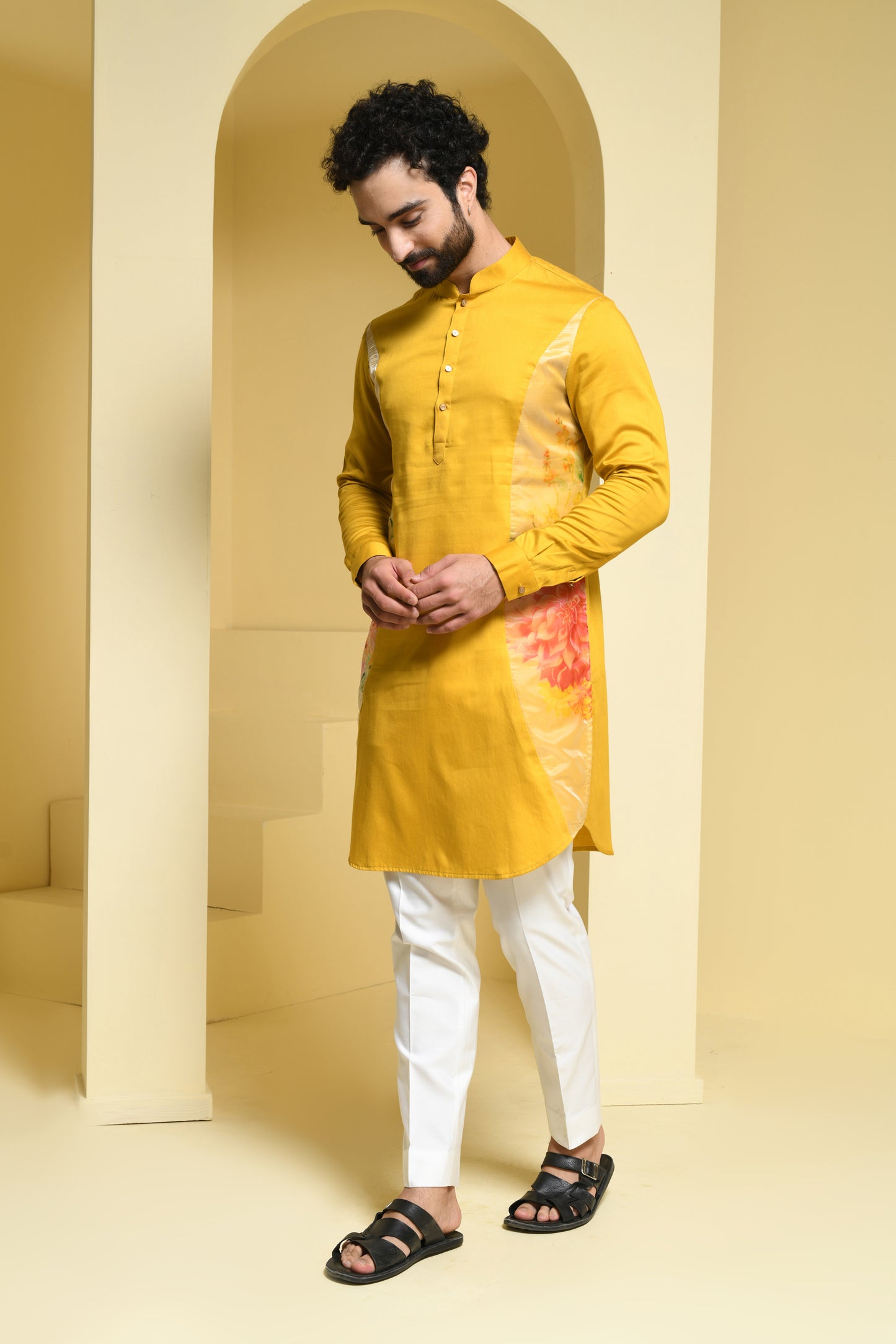 Mustard Yellow Floral  Printed Cotton Kurta Set