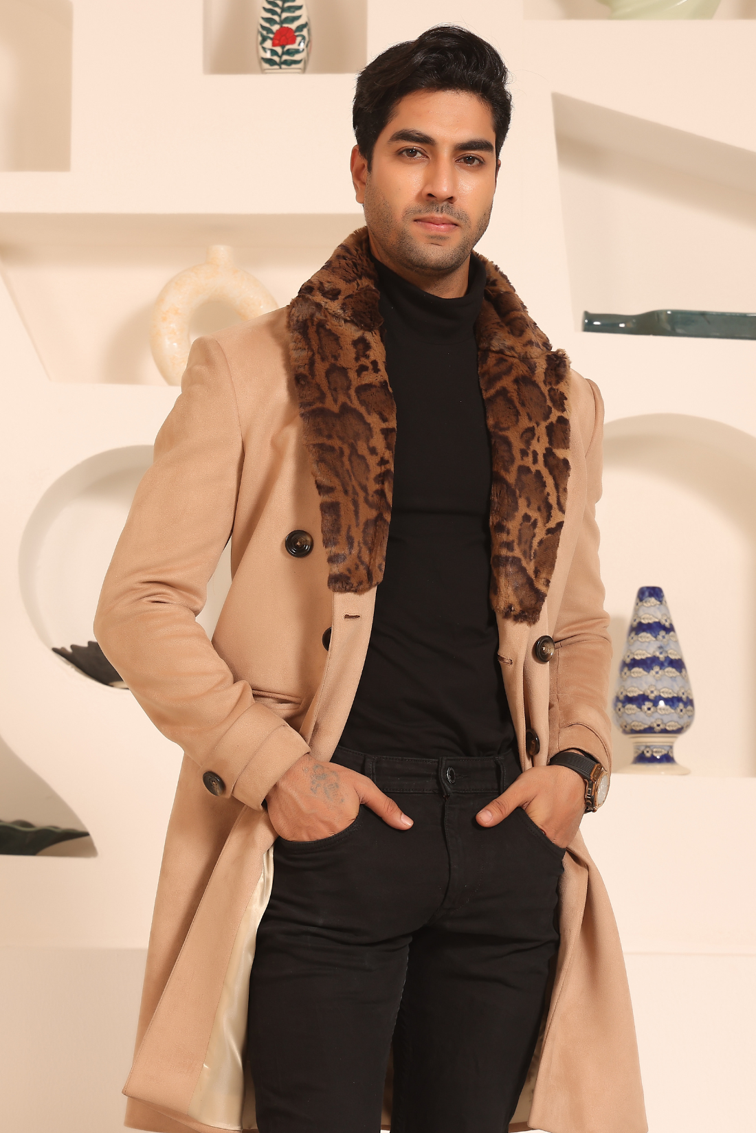Beige Double Breasted Overcoat