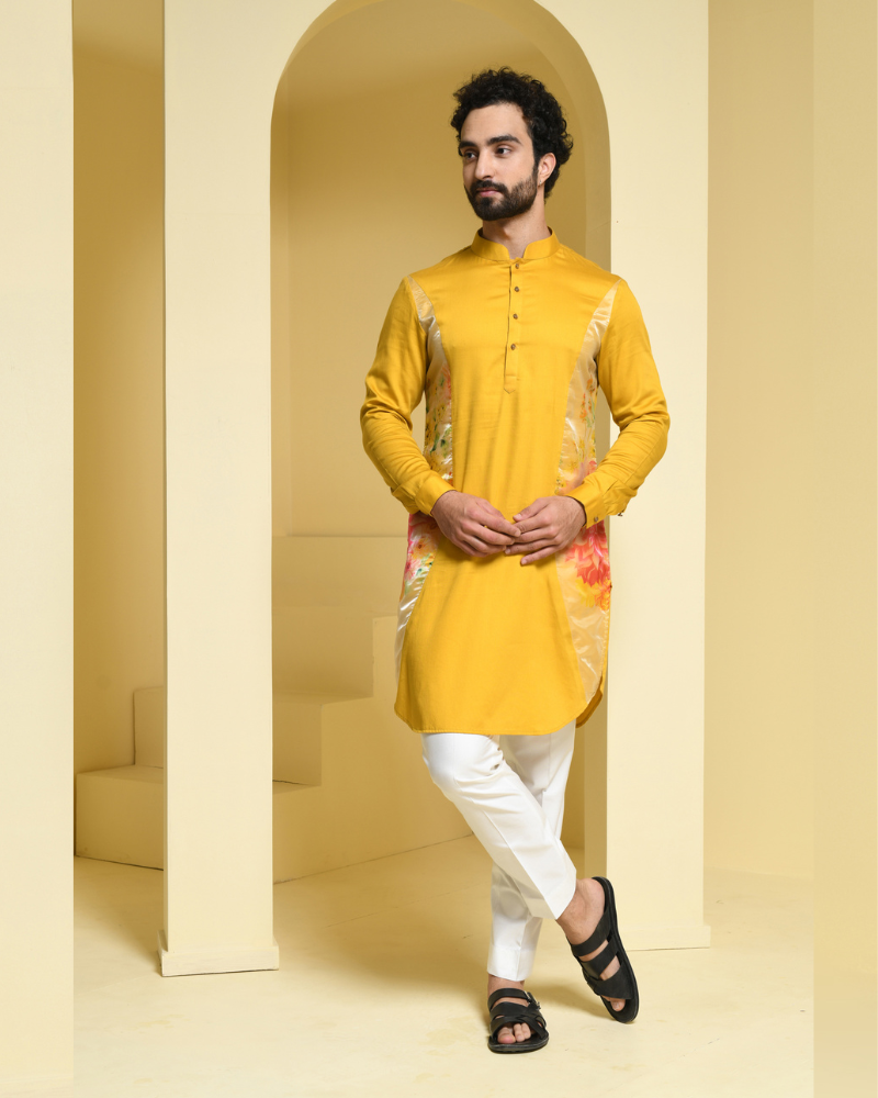Mustard Yellow Floral  Printed Cotton Kurta Set